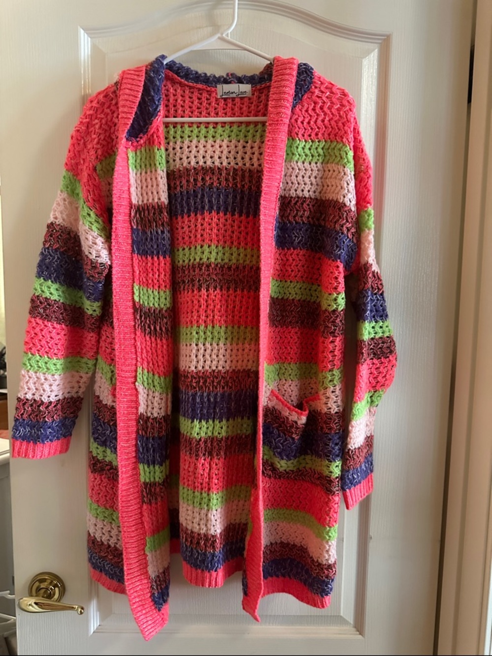 Neon Pink Multicolor Open Knit Striped Cardigan